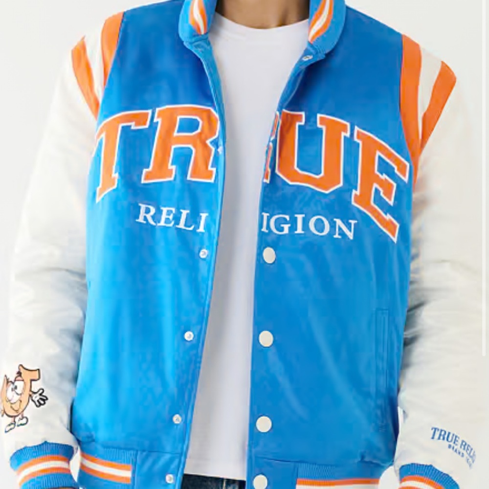 True Religion Blue and Orange Letterman Jacket